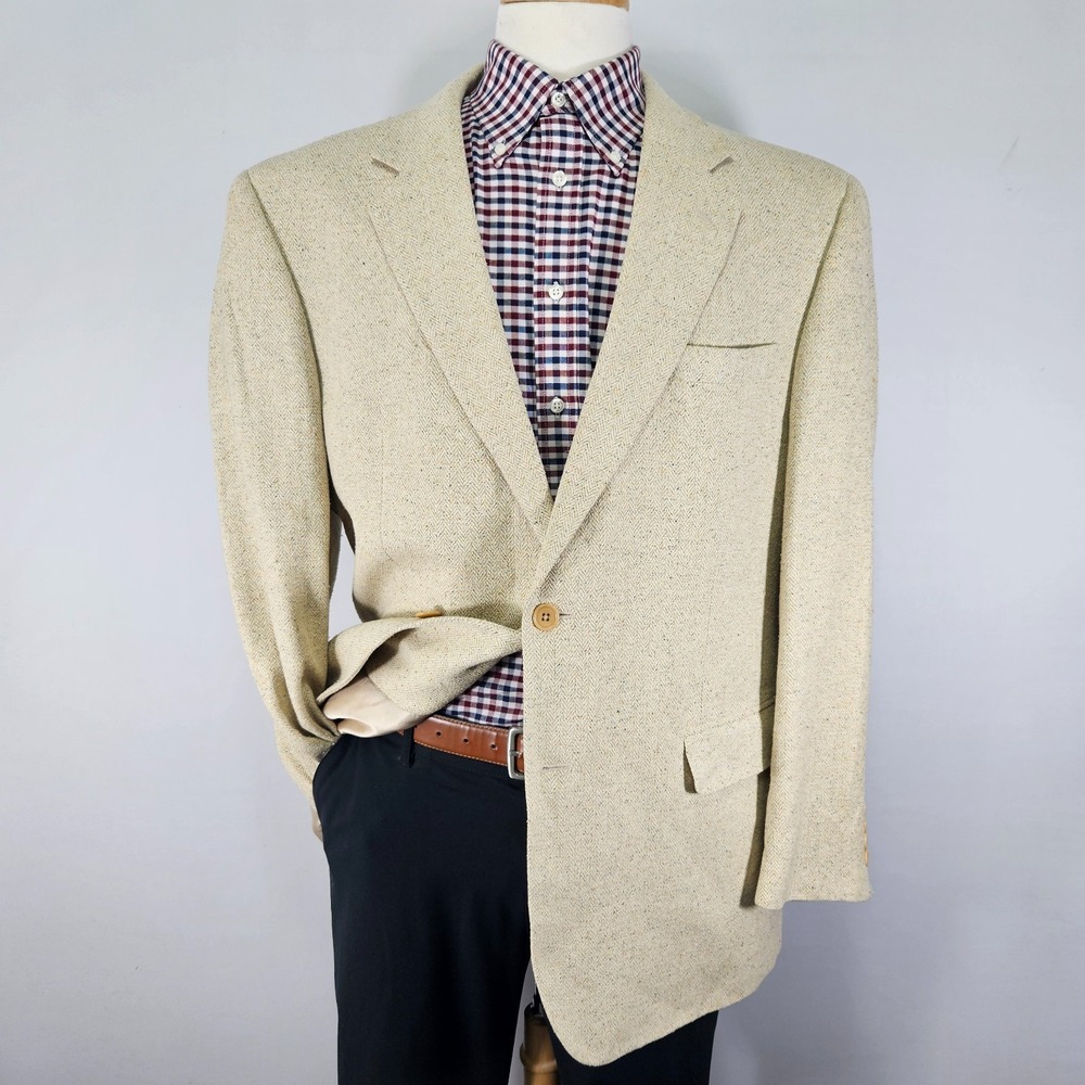 JOS A BANK Men's Sport Coat Blazer Two Button Beige Multi-color 100% Silk 46R
